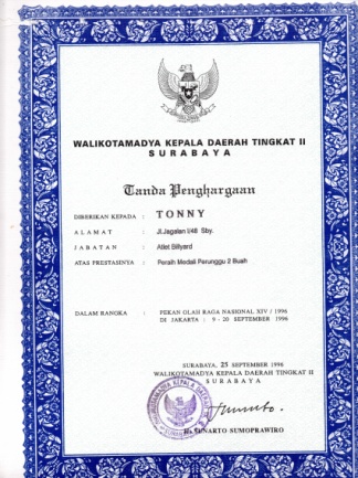 Piagam Walikota Madya Kepala Daerah Tk II Surabaya PON XIV / 96