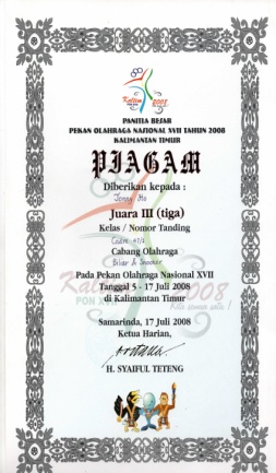 Piagam Juara III Cadre 47/1 PON XVIII Thn 2008