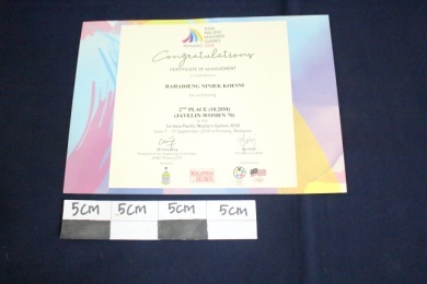 Sertifikat Asia Pasific Games 2018 Penang (Jevellin Women 70)