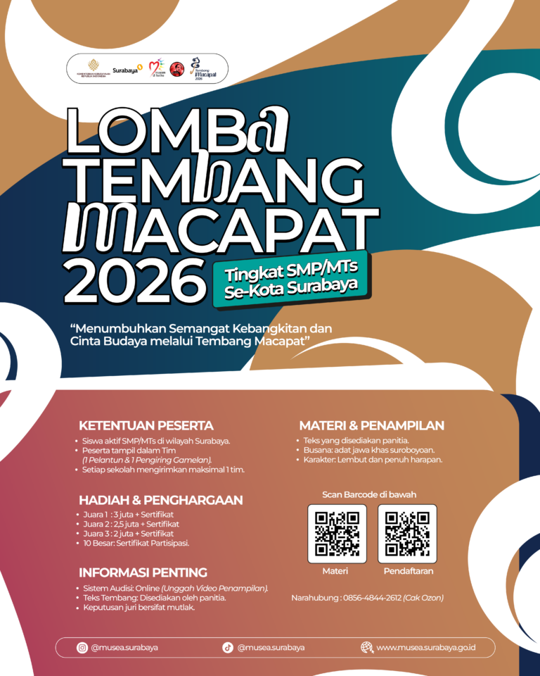 Poster resmi Lomba Tembang Macapat 2026 tingkat SMP dan MTs se-Kota Surabaya yang diselenggarakan Museum dr. Soetomo Surabaya.