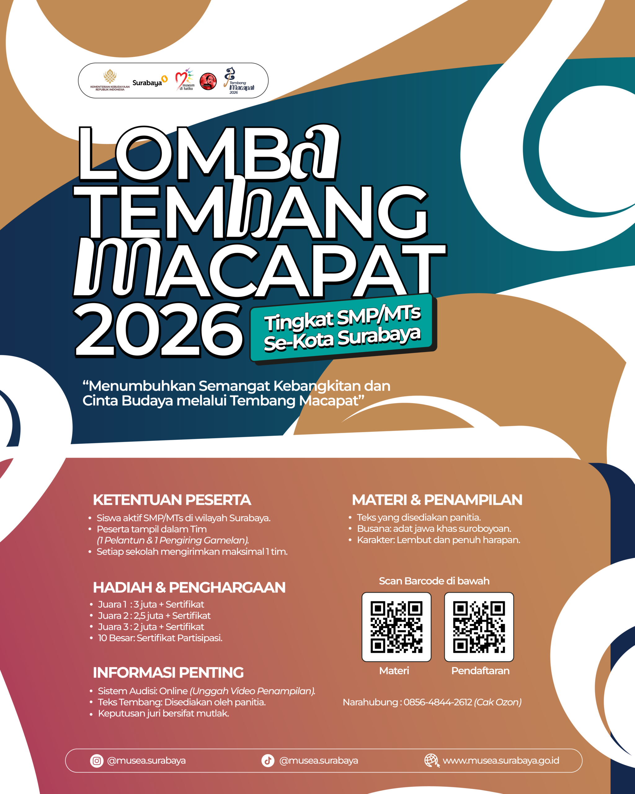 Poster resmi Lomba Tembang Macapat 2026 tingkat SMP dan MTs se-Kota Surabaya yang diselenggarakan Museum dr. Soetomo Surabaya.