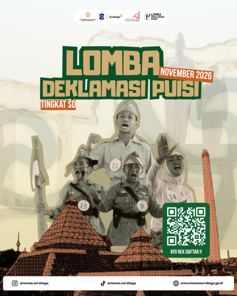 Poster Lomba Deklamasi Puisi 2026 untuk siswa SD kelas 4–6 Kota Surabaya dengan tema perjuangan Bu Dar Mortir.